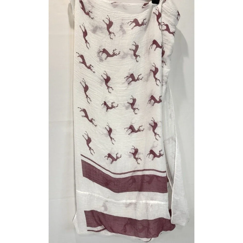 Ivory Burgundy Scarf Infinity Muslin Gauze One-Size Reindeer Holiday Christmas